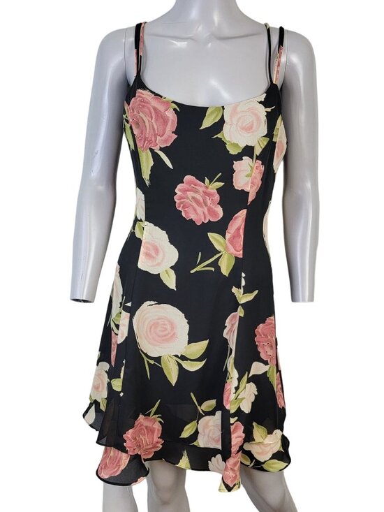 Vintage Dresses & Skirts - Vintage 90s Floral Mini Dress Medium 10 Petite Black Pink Shift Formal Party Fun